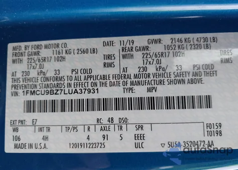 2020 Ford Escape Se Sport Hybrid z USA, uszkodzony, nr VIN 1FMCU9BZ7LUA37931